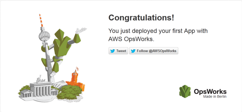 Congratulatory message for deploying first app with AWS OpsWorks, with stylized logo.