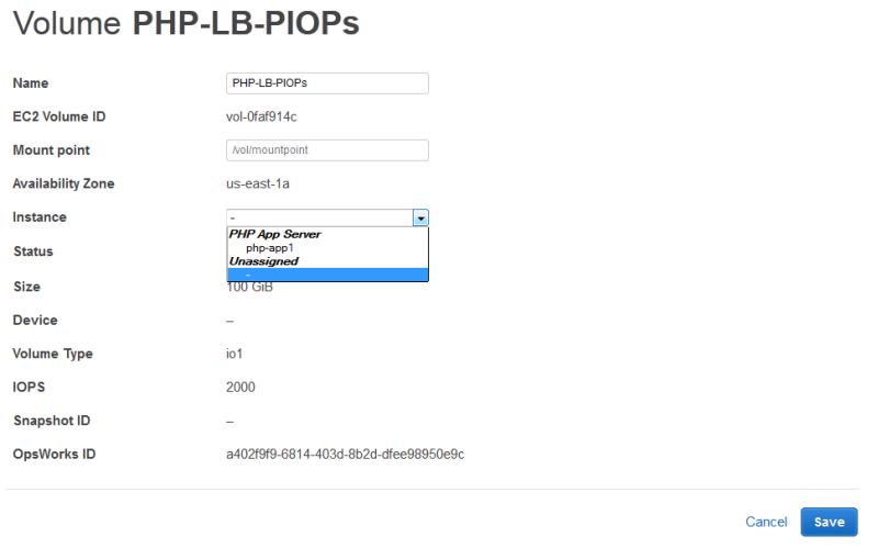 Volume details page showing fields for name, ID, mount point, and other properties.