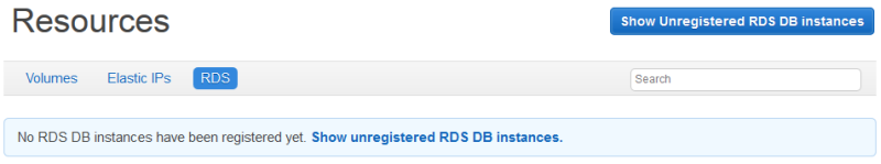 Resources page showing no registered RDS DB instances with an option to view unregistered instances.