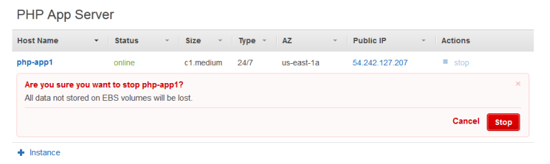 Confirmation dialog to stop a PHP app server instance, warning of potential data loss.