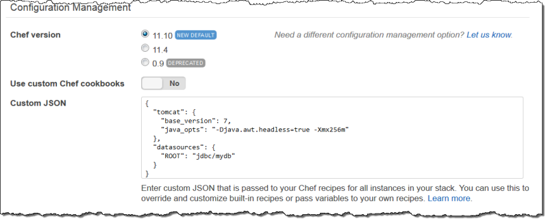 Configuration Management interface showing Chef version options and custom JSON input field.