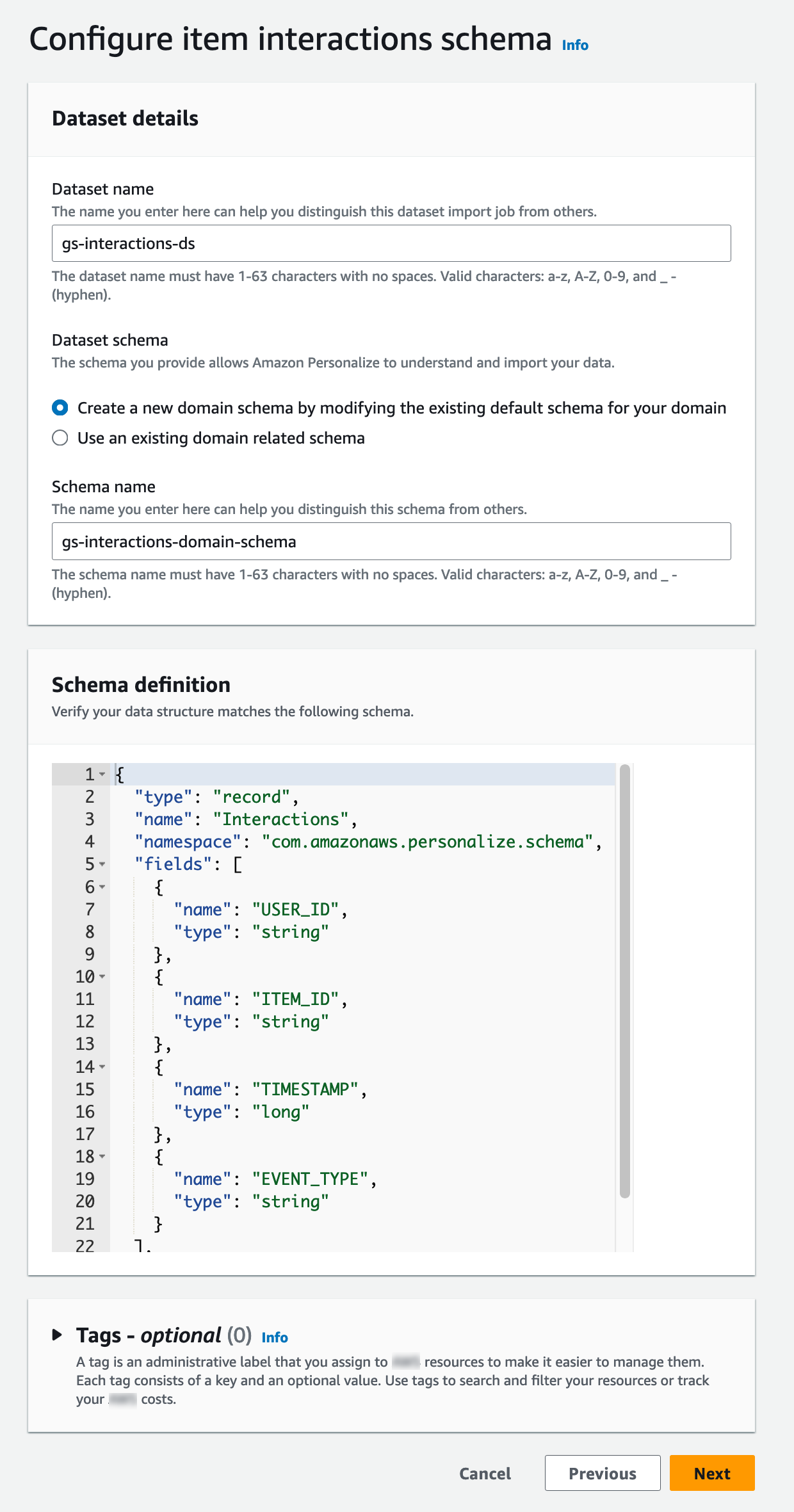 Rappresenta la pagina dello schema di configurazione delle interazioni tra gli elementi con i campi del set di dati e dello schema.