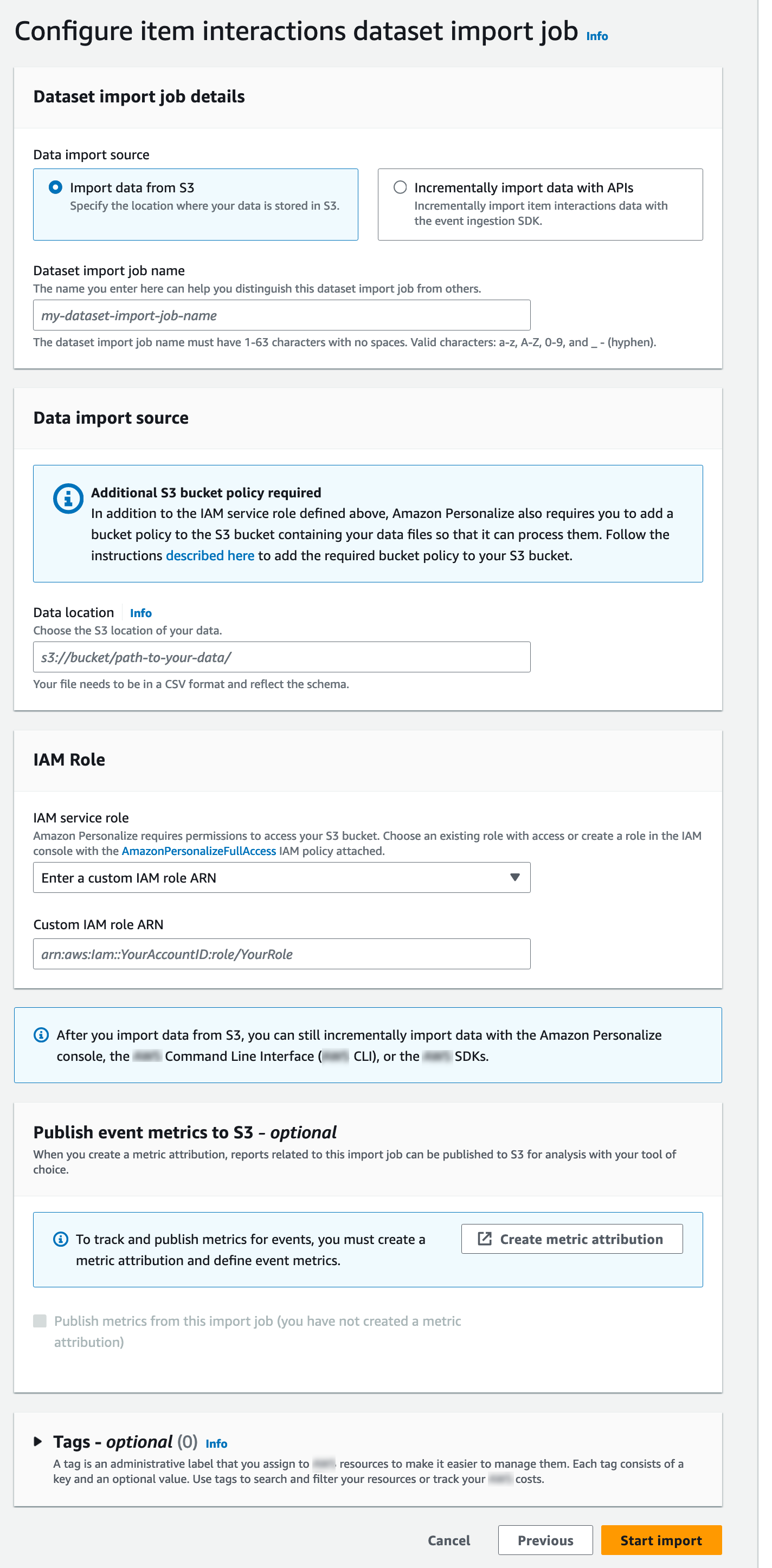 Rappresenta la pagina del processo di importazione del set di dati Configure Item Interactions con i campi del processo di importazione.