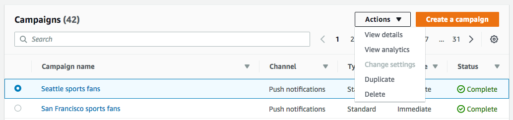 Nel menu Operazioni sono disponibili le opzioni seguenti: Visualizza i dettagli, Visualizza analisi, Modifica le impostazioni, Duplica ed Elimina.