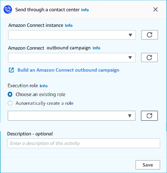 L'invio tramite una finestra di contact center per configurare un'attività Amazon Connect.