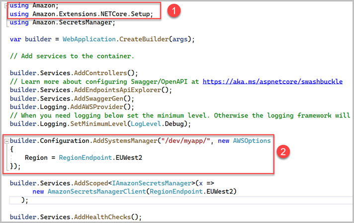 Modifiche al Program.cs file per l'accesso a Parameter Store