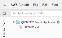 AWS Cloud9 console che mostra il riquadro della cartella dell'ambiente QLDB DMV Sample Application.