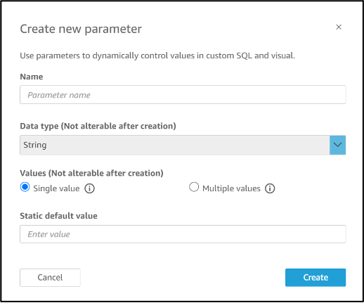 Dialog box for creating a new parameter with fields for name, data type, and value options.