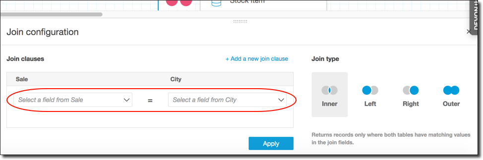 Join configuration interface showing fields to select and match from Sale and City tables.