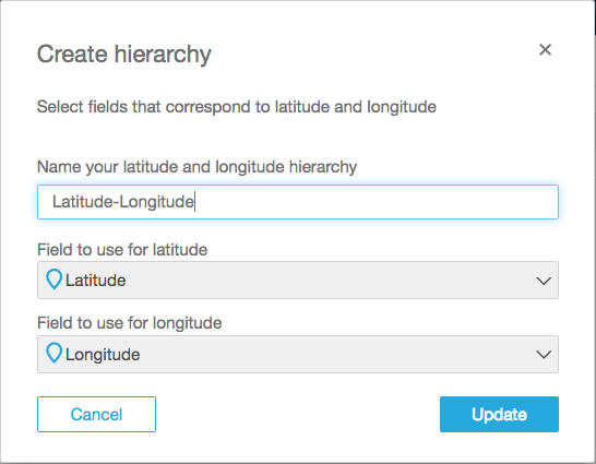 Dialog for creating a latitude-longitude hierarchy with fields for naming and selecting coordinates.