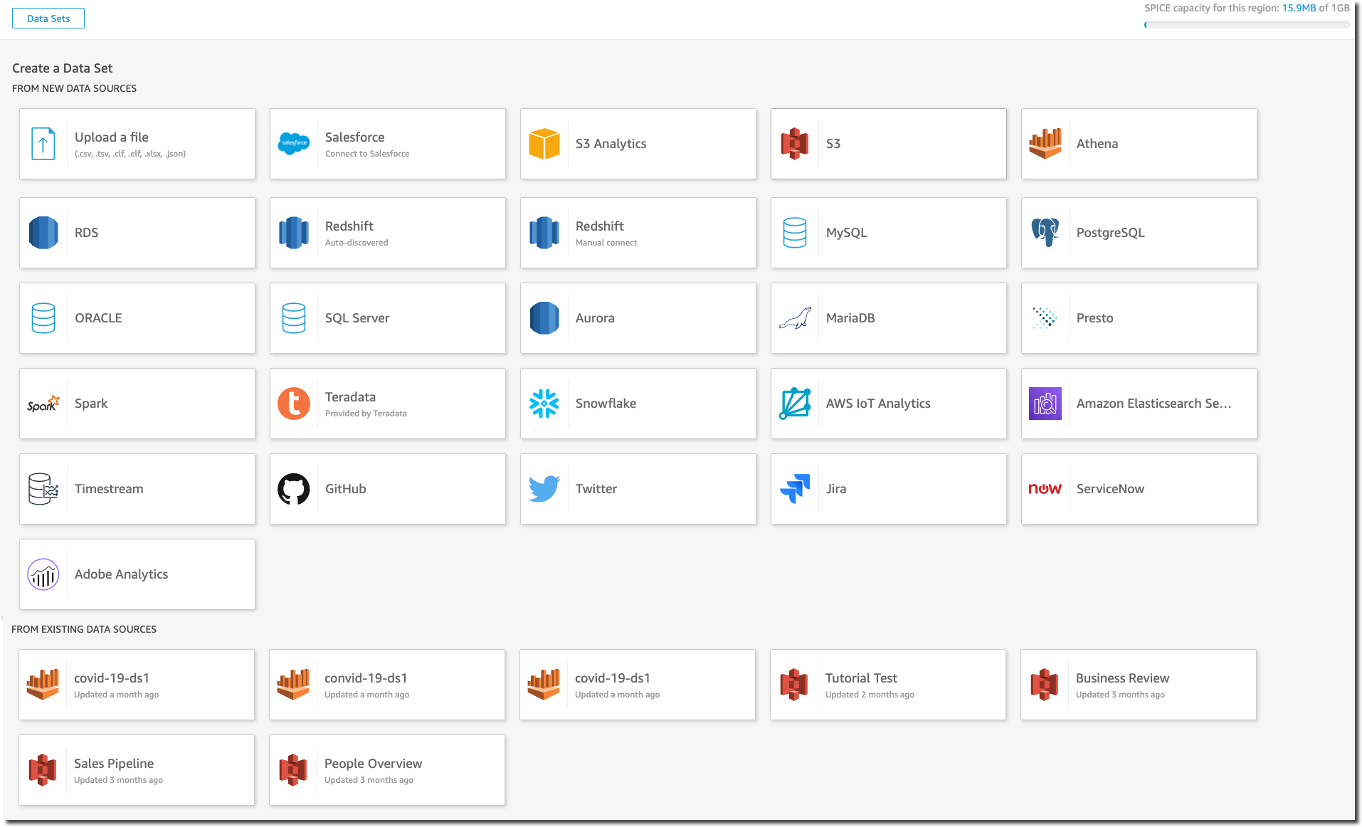 Interface for creating a dataset with various data source options and existing datasets.