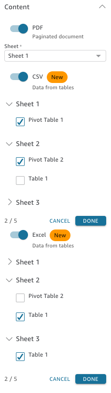 Content selection interface showing PDF, CSV, and Excel options with expandable sheets and tables.