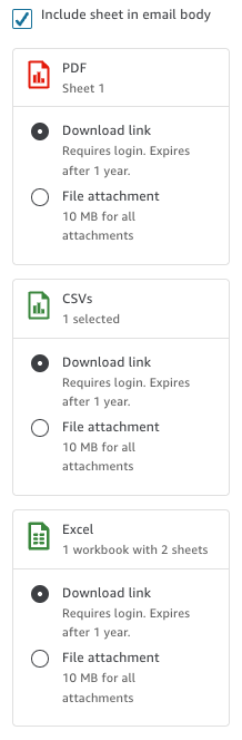 File attachment options for PDF, CSV, and Excel with download link and file size details.