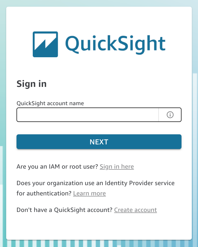 QuickSight sign-in page with account name input field and additional options.