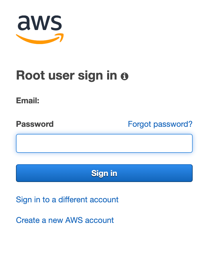 AWSutente root sign-in page with fields for email and password, and additional options.