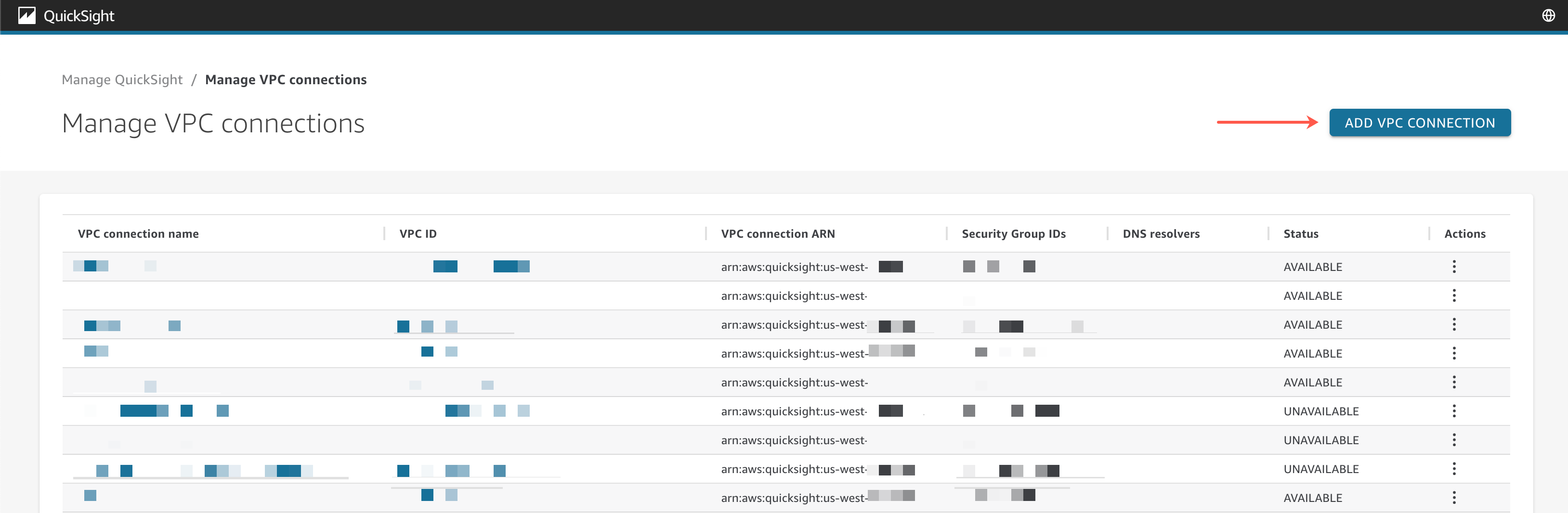 Il ADD VPC CONNECTION pulsante in alto a destra nella tabella Gestisci VPC connessioni.