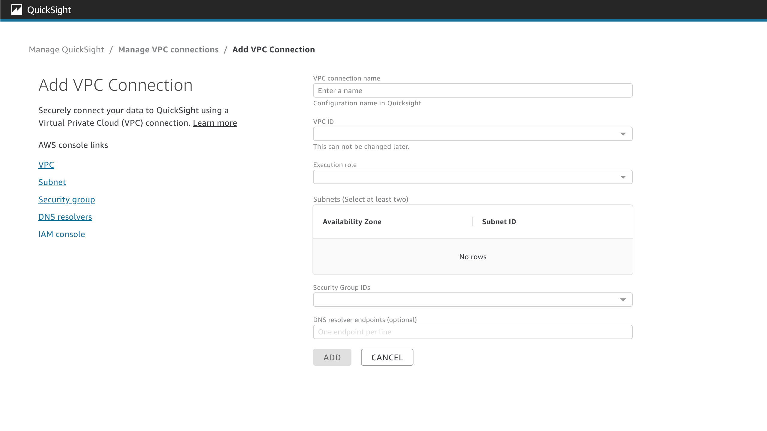 La finestra Aggiungi VPC connessione che usi per configurare una nuova VPC connessione al tuo QuickSight account.