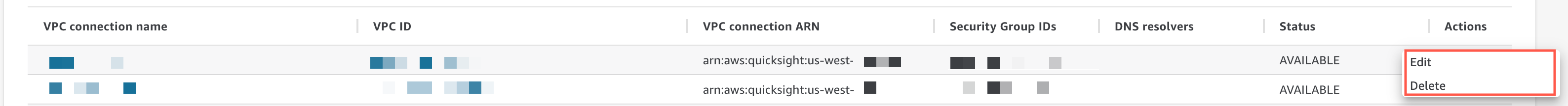 Le azioni disponibili sono Modifica o Elimina per una VPC connessione che desideri modificare.