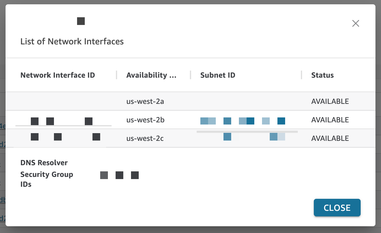 Un pop-up che mostra informazioni sulle interfacce di rete configurate per una connessione. VPC