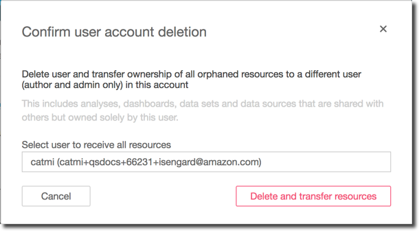 Confirmation dialog for user account deletion with option to transfer resources.