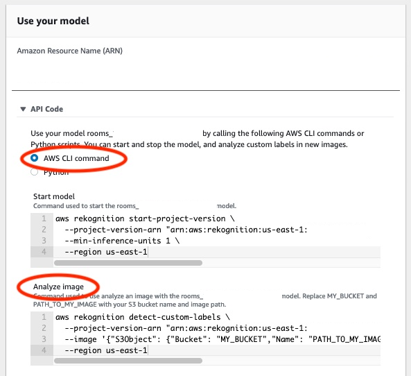 Schermata della console con il comando AWS CLI per rilevare etichette personalizzate su un'immagine utilizzando un modello di apprendimento automatico e istruzioni per avviare il modello e fornire dettagli sull'immagine.