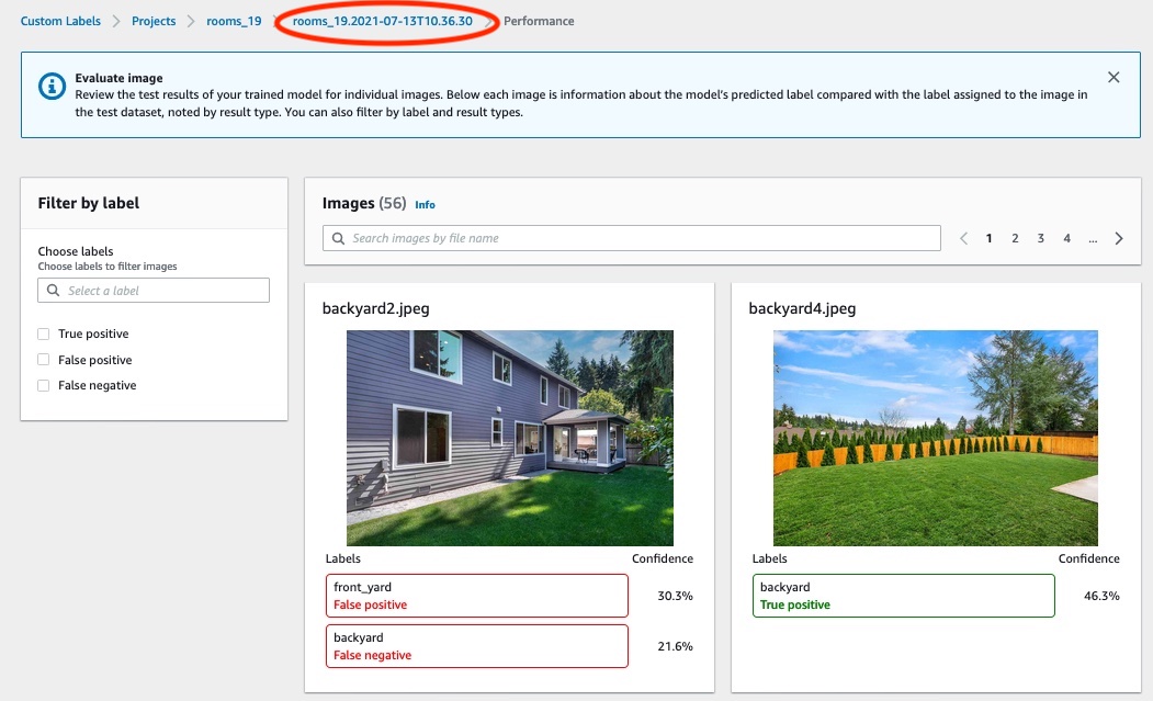 Interfaccia che mostra i risultati dei test per un modello addestrato su un set di dati di immagini del cortile anteriore e posteriore, con etichette previste e punteggi di affidabilità.