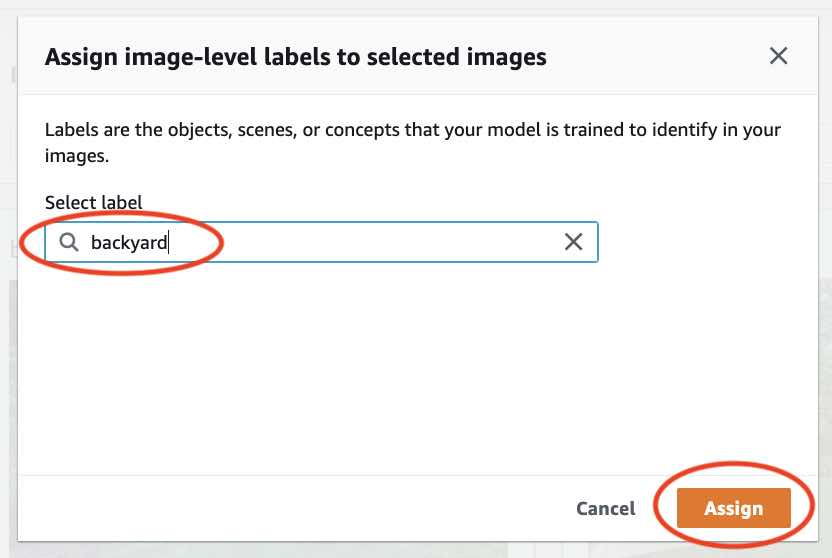 Finestra di dialogo che mostra come assegnare l'etichetta a livello di immagine «backyard» alle immagini selezionate con il pulsante Assegna.