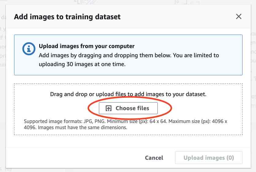 Pulsante per caricare file di immagini per l'addestramento di un set di dati.