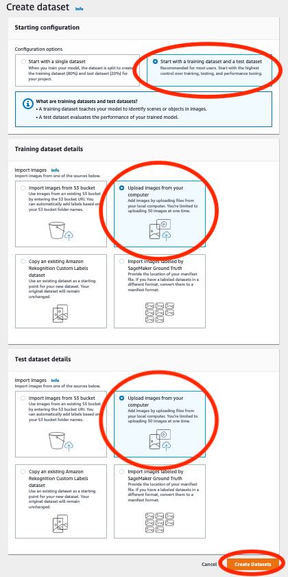 Interfaccia utente per creare set di dati di addestramento e test. Crea set di dati e pulsante Annulla in basso.