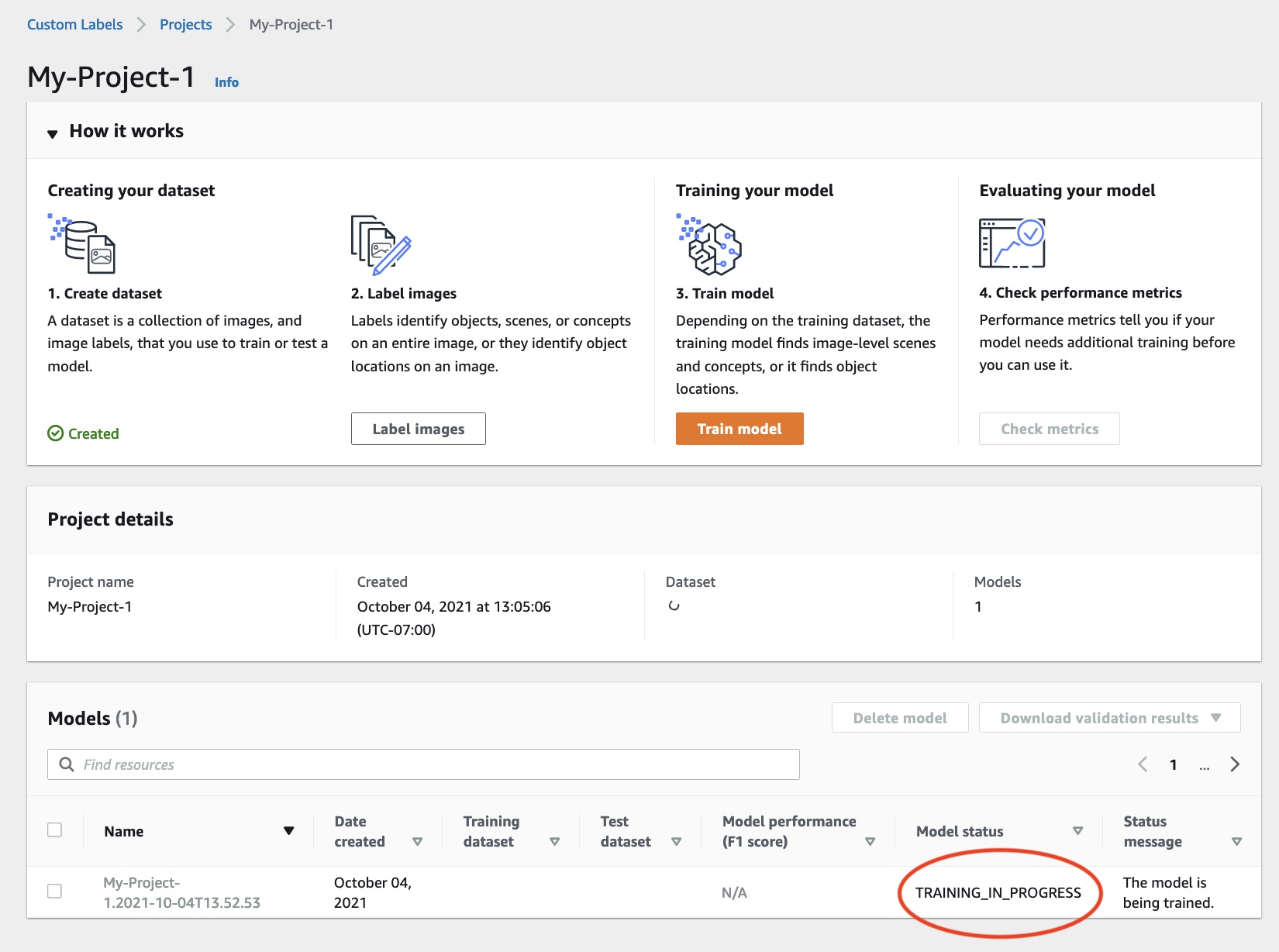 Lo stato del modello mostra «TRAINING_IN_PROGRESS» che indica che il modello è attualmente in fase di addestramento.