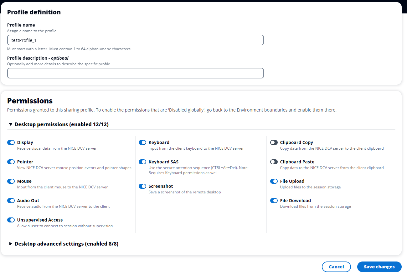 definizione del profilo e autorizzazioni per _1 testProfile