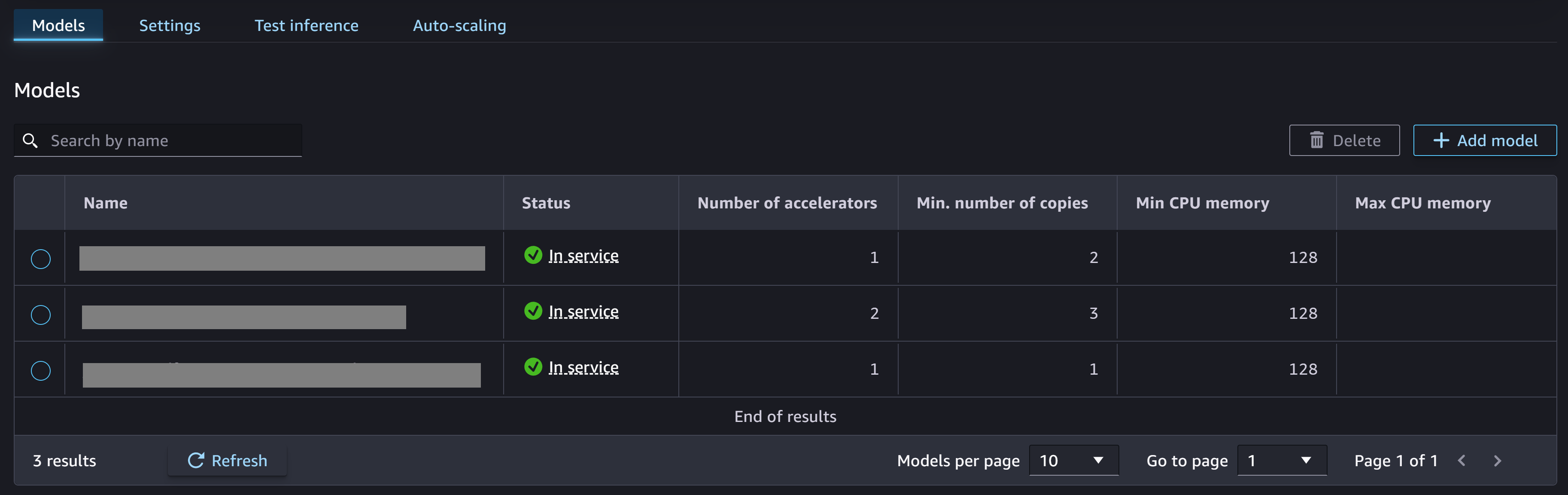 Schermata della pagina principale di un endpoint che mostra più modelli distribuiti.