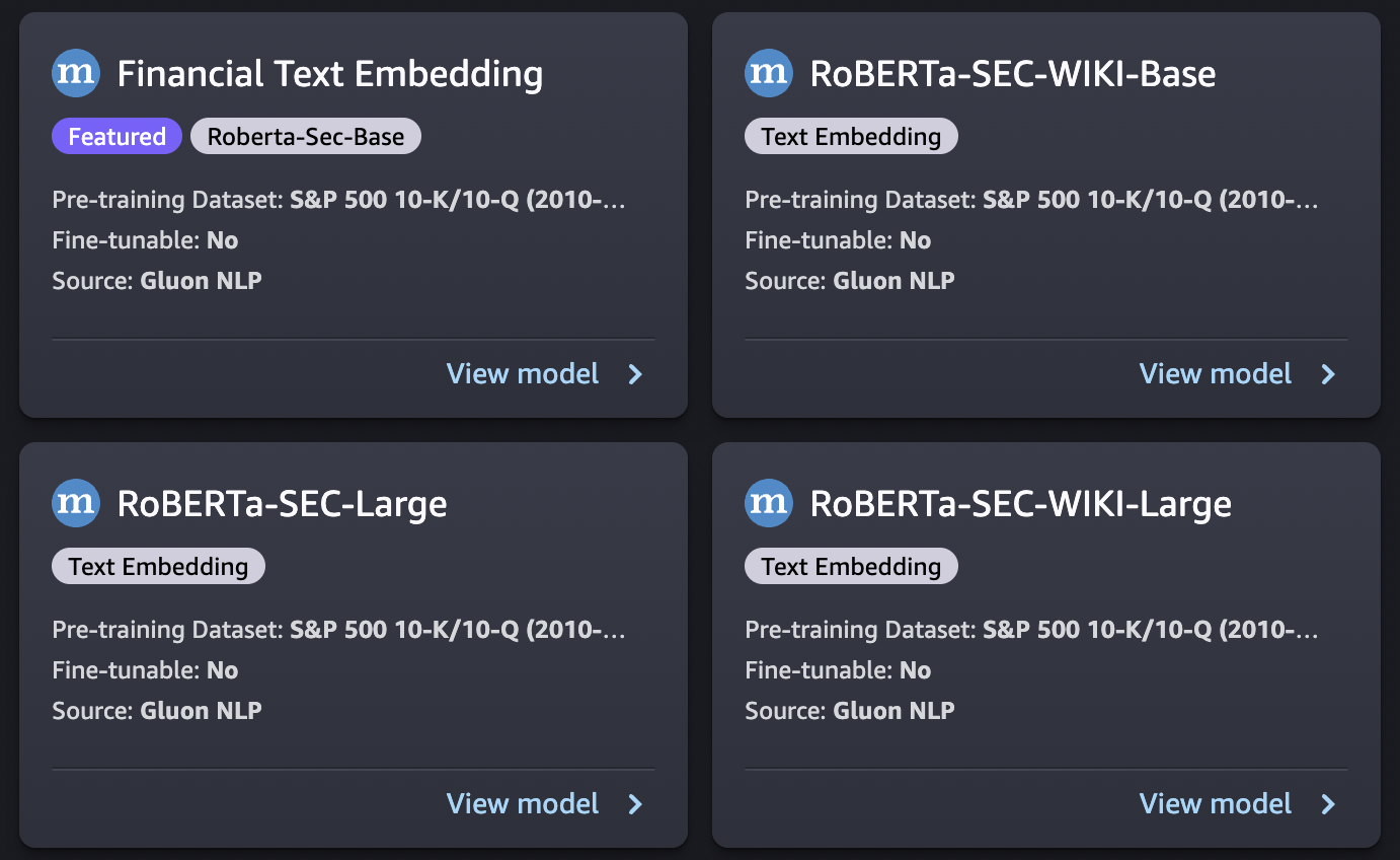 Le schede modello preconfigurate fornite nella SageMaker JumpStart pagina di Studio Classic.