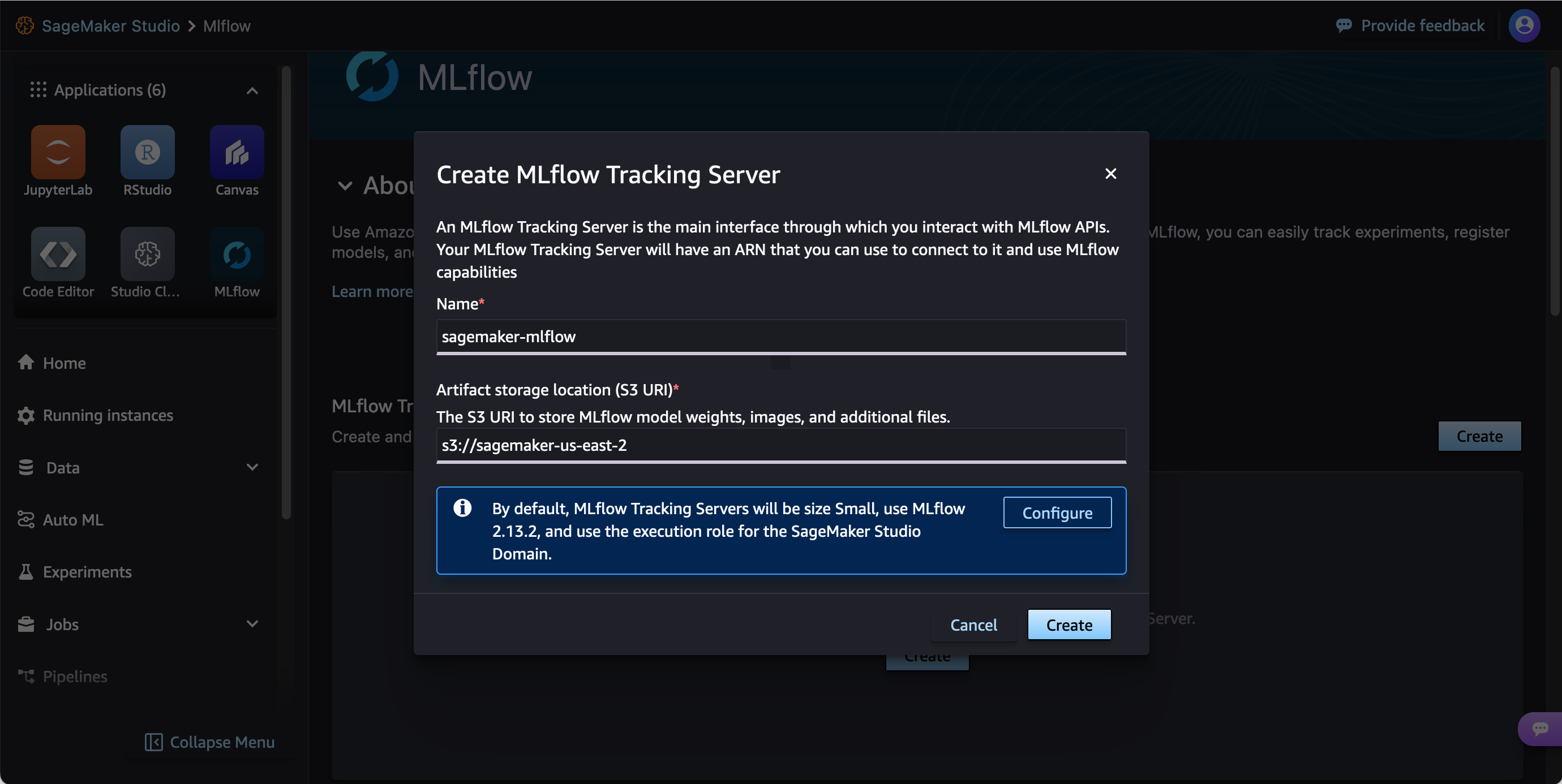 Il prompt Create MLflow Tracking Server nell'interfaccia utente di Studio.