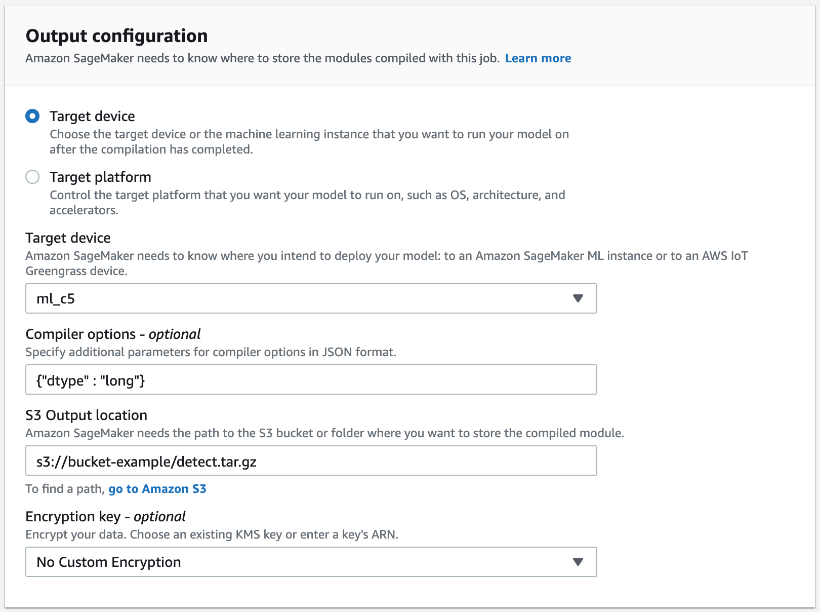 Esempio di sezione di configurazione dell'output.