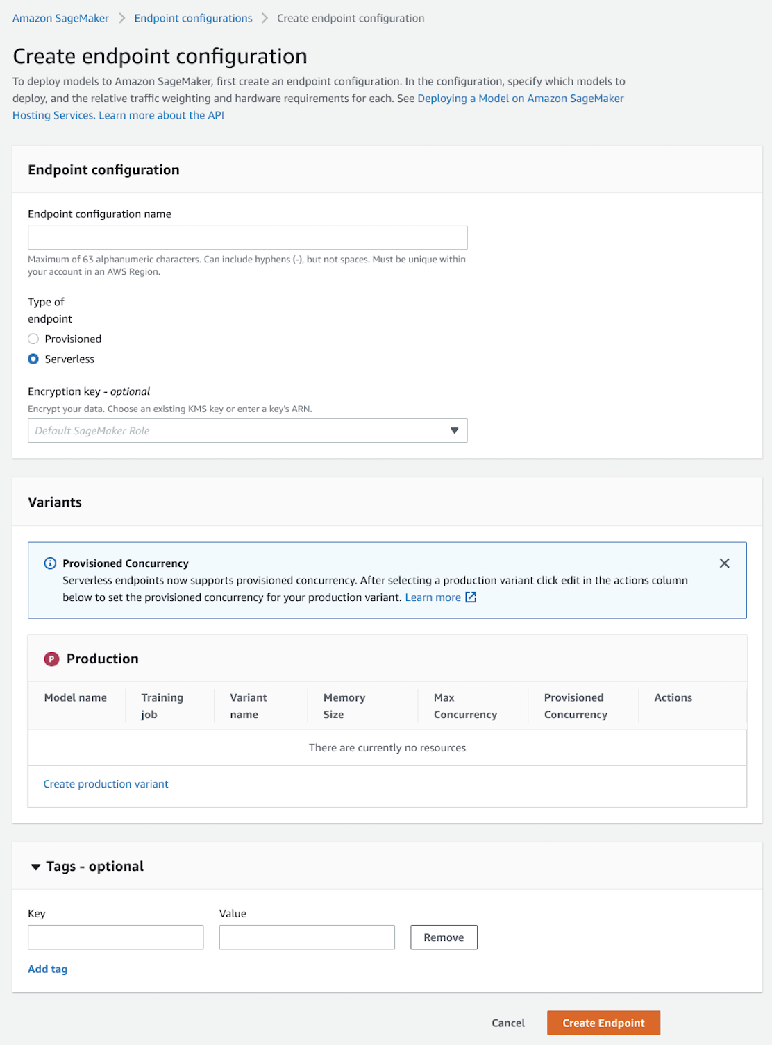 Screenshot dell'opzione relativa al tipo di endpoint nella console.