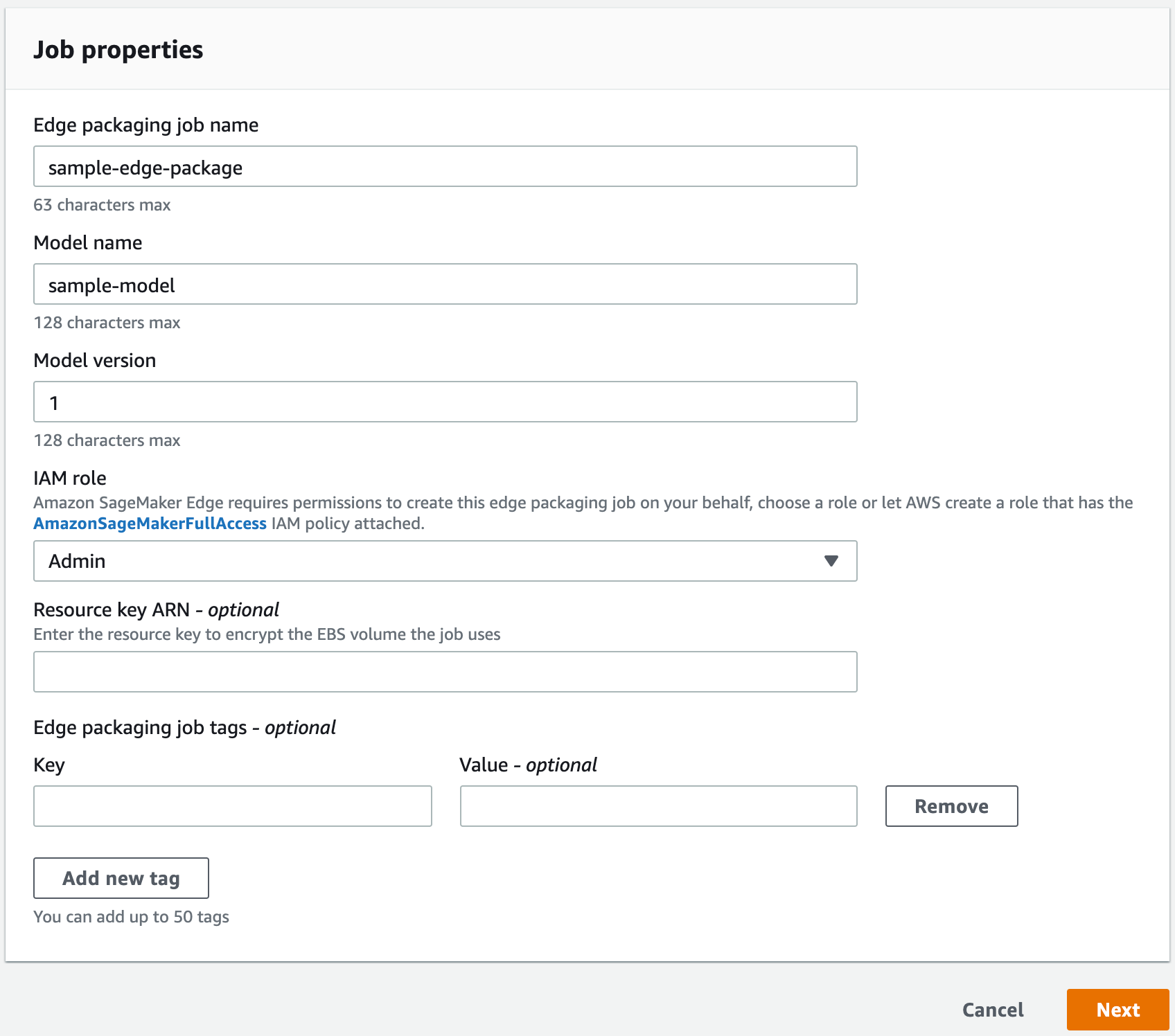 Esempio della sezione Job properties nella console.