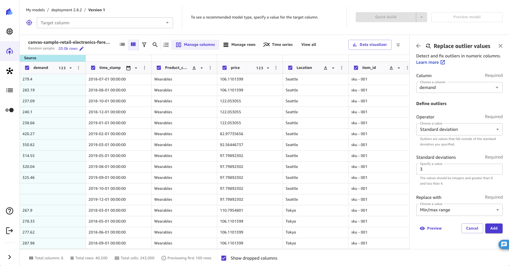 Schermata dell'operazione di sostituzione degli outliers nell'applicazione Canvas. SageMaker