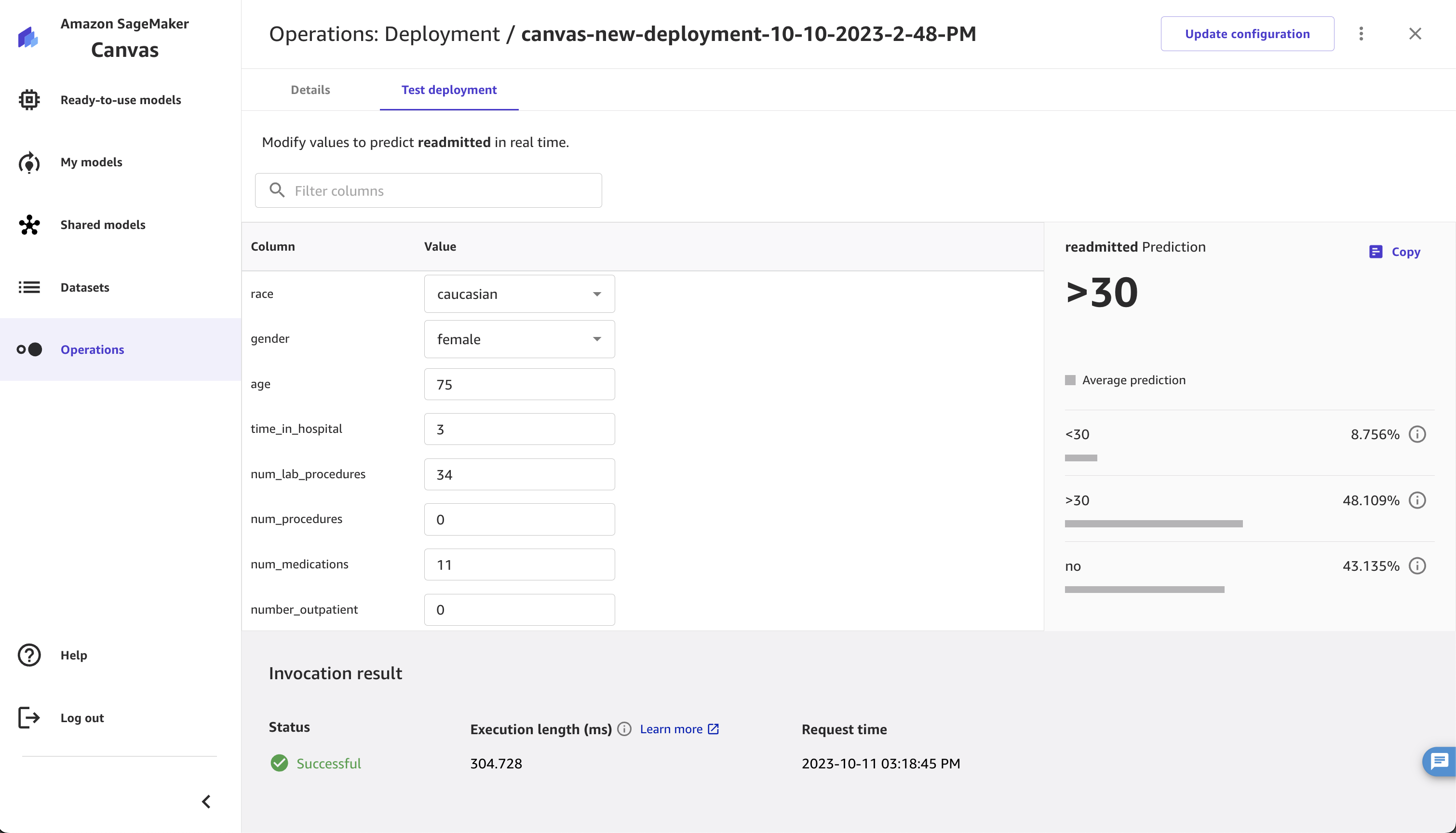 L'applicazione Canvas che mostra una previsione di test per un modello distribuito.