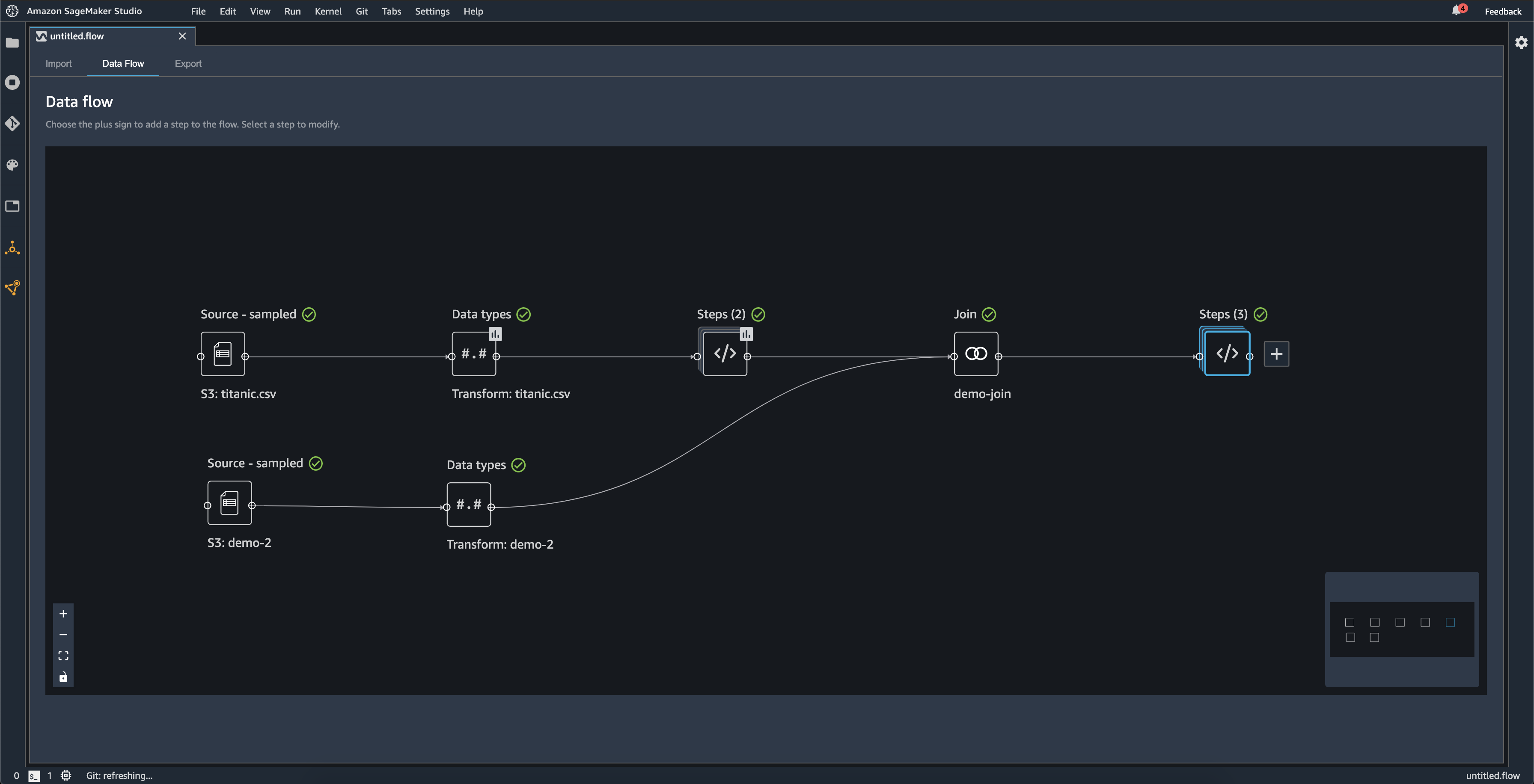 Esempio che mostra i passaggi nella pagina del flusso di dati della console Data Wrangler.