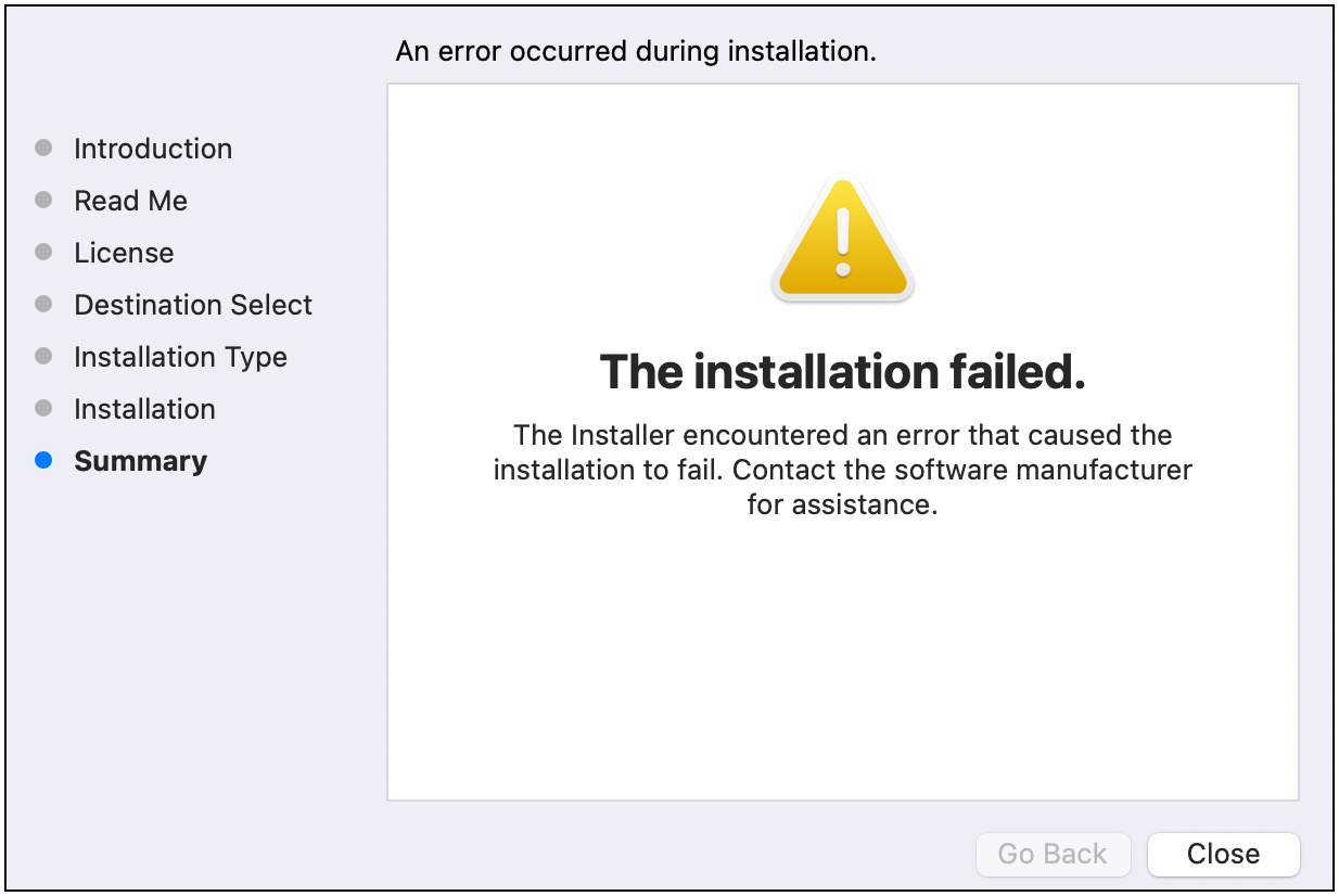 Immagine del AWS SAMCLI programma di installazione che mostra un messaggio di installazione non riuscita