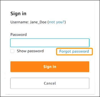 Link alla password dimenticata evidenziato nel portale di AWS accesso.