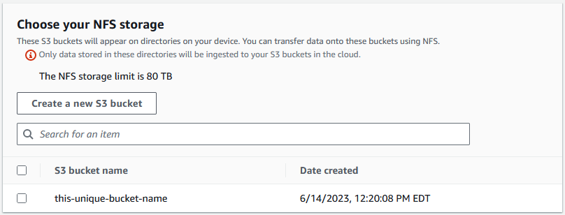 Scegli il pannello NFS di archiviazione che mostra il pulsante Crea un nuovo bucket S3, i campi di ricerca e i nomi dei bucket S3.