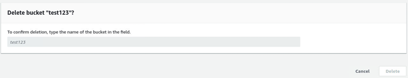 La pagina Elimina il bucket mostra la casella di testo per il nome del bucket e il pulsante di eliminazione.