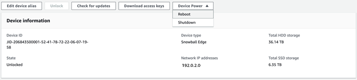 La pagina dei dettagli del dispositivo che mostra il menu Device Power si apre con l'opzione Riavvio selezionata.