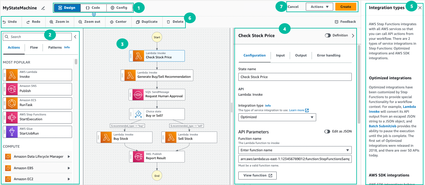 Schermata della modalità Design, che mostra il browser degli stati, il workflow canvas, l'inspector e i pannelli di aiuto.