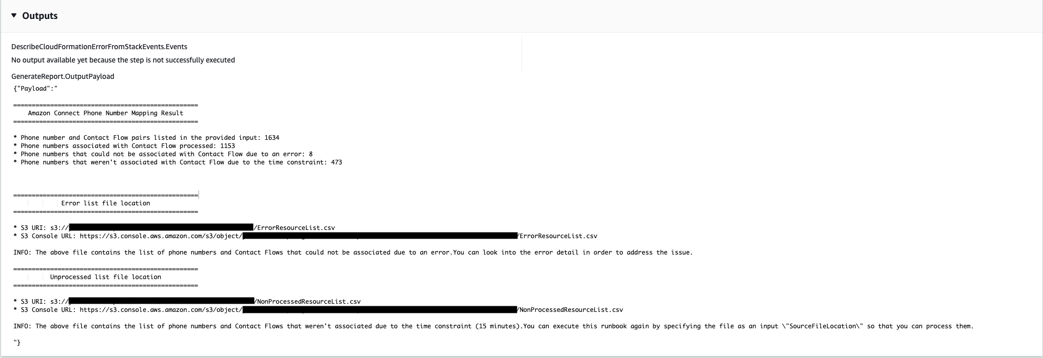 Amazon Connect phone number mapping results showing processed and unprocessed contacts.