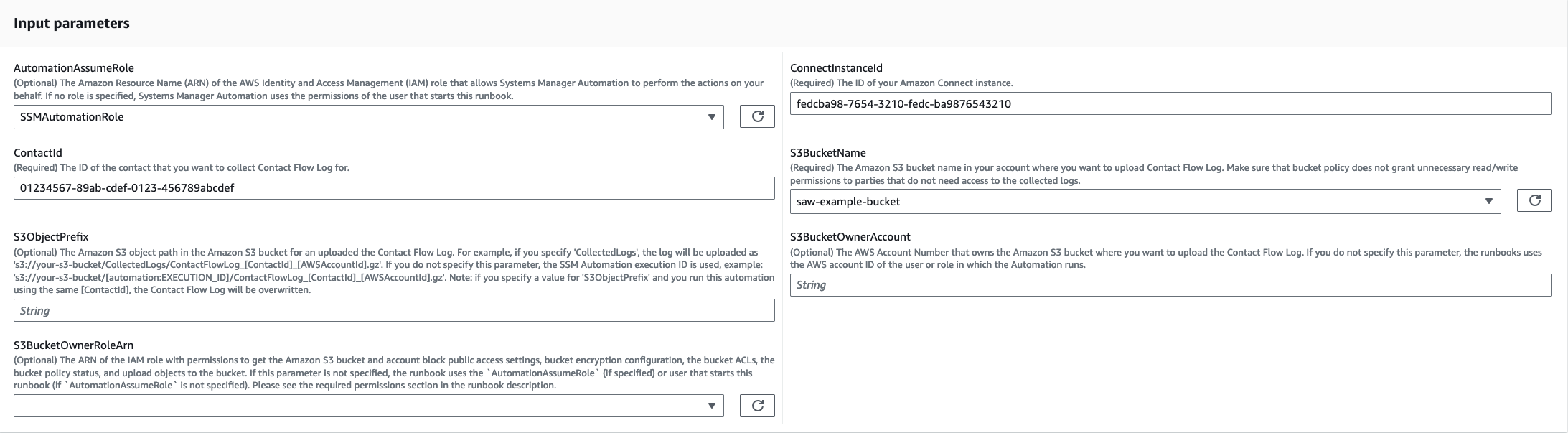 Input parameters form for AWS Systems Manager Automation with fields for roles, IDs, and S3 settings.