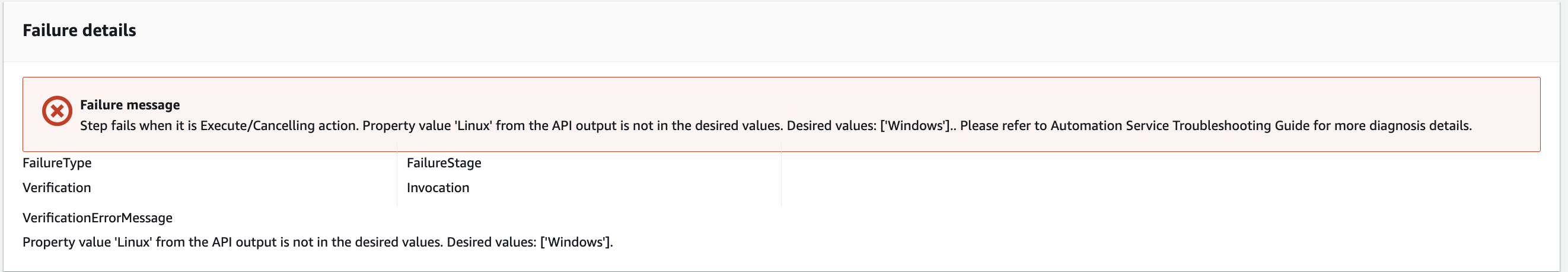 Failure details showing verification error for Linux property value instead of Windows.