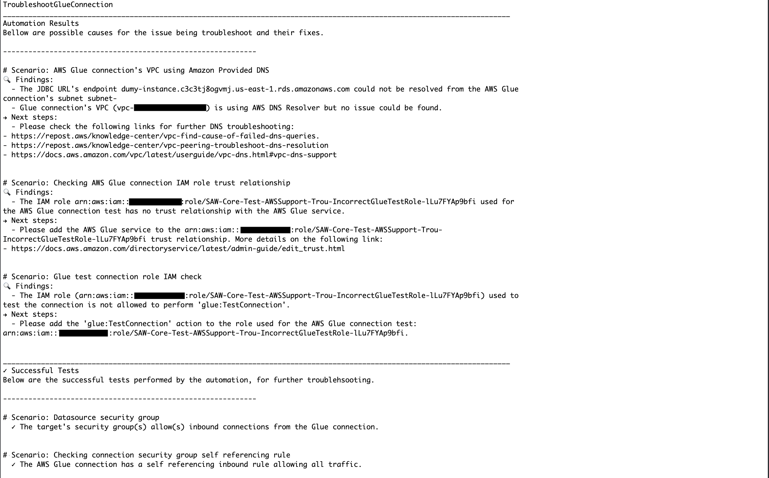 Troubleshooting results for AWS Glue connection issues with DNS resolution and IAM role problems.